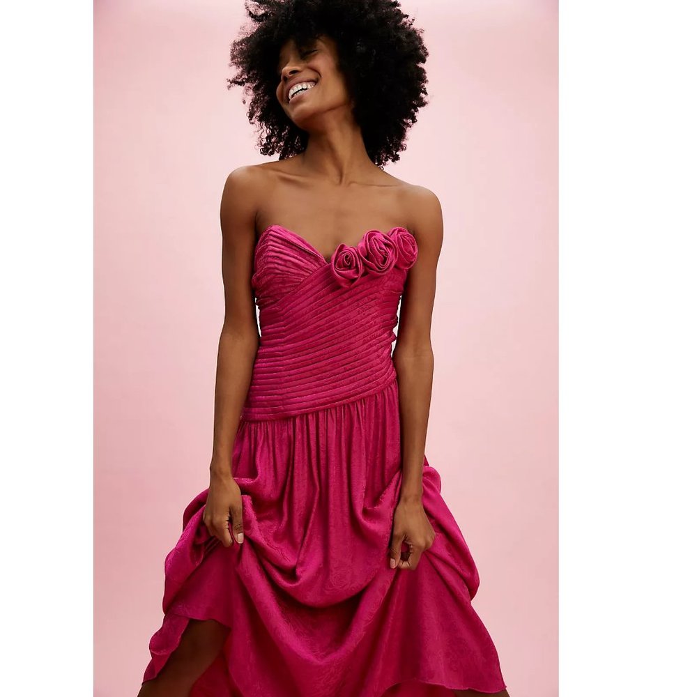 NEW Free People Make An Entrance Maxi Dress Pink Floral Rose Pleated Formal